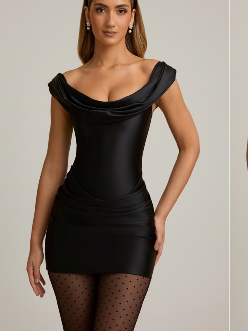 Oh Polly Black Satin Draped Off-Shoulder Mini Dress